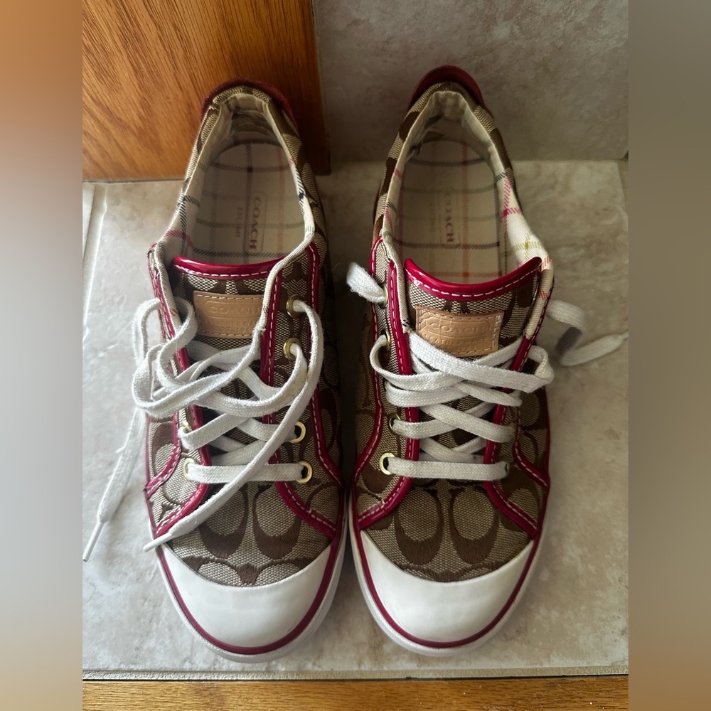 Coach Beige Plaid Shoe with Pink Accents